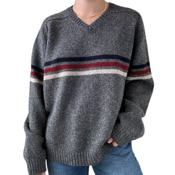Vintage Mens J Crew 100% Wool Gray Striped Preppy V Neck Sweater XL - Picture 3 of 7